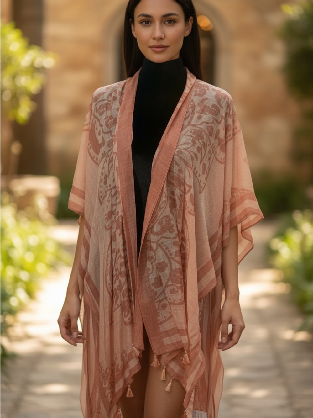 Light Pink Patterned Kimono Shawl